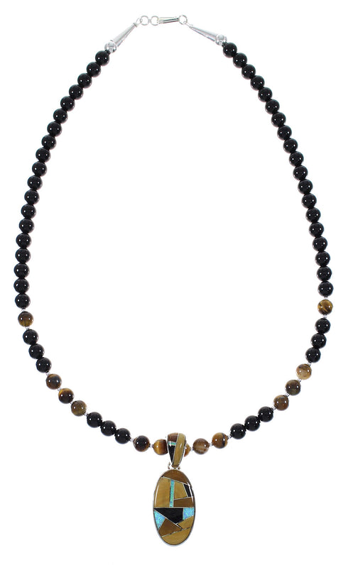 Southwestern Multicolor Genuine Sterling Silver Pendant And Bead Necklace Set WX77667